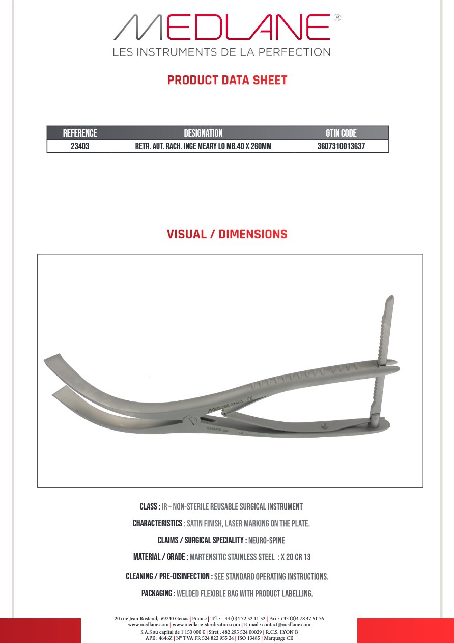 Photo produit MEDLANE : Rétracteur Autostatique rachis Inge MEARY LO MB.40 X 260MM, référence 23403P