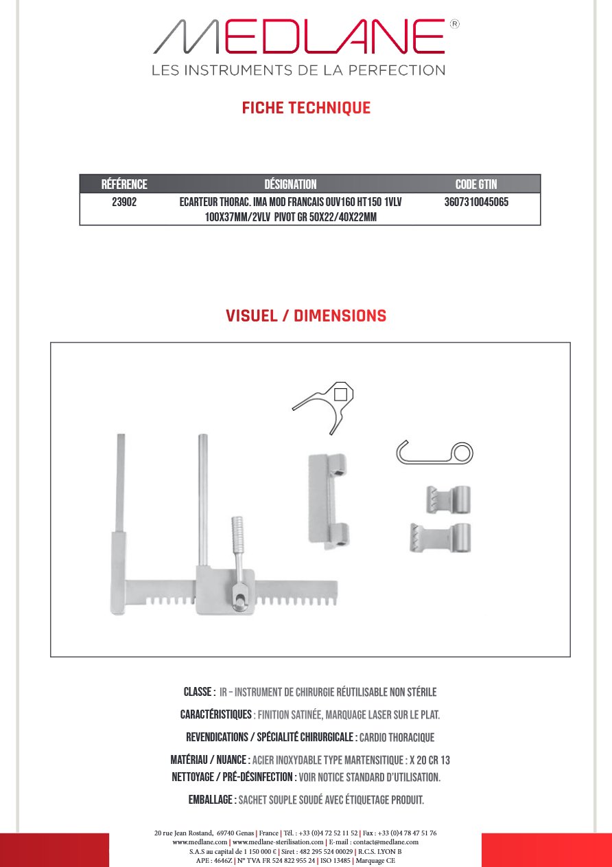 Ecarteur Thoracique Ima Modèle Francais Ouverture 160 Ht 150 1VLV 100X37MM/2VLV Pivot Griffes 50X22/40X22MM — REF 23902
