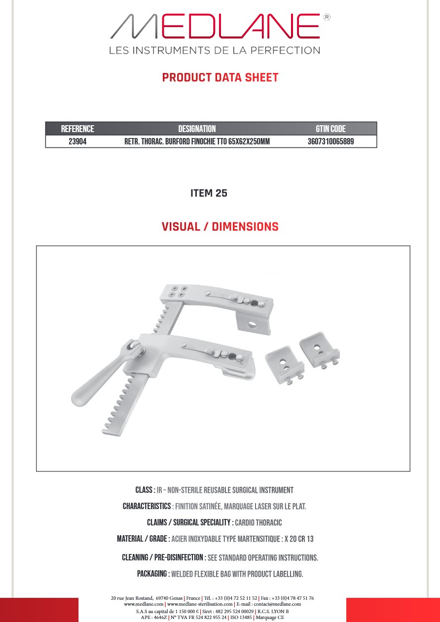Ecarteur Thoracique Costal Burford Ouverture 250 Ht Bras 190 mm 2 Paires Valve L65 P70 et L65 P40 mm — REF 23904