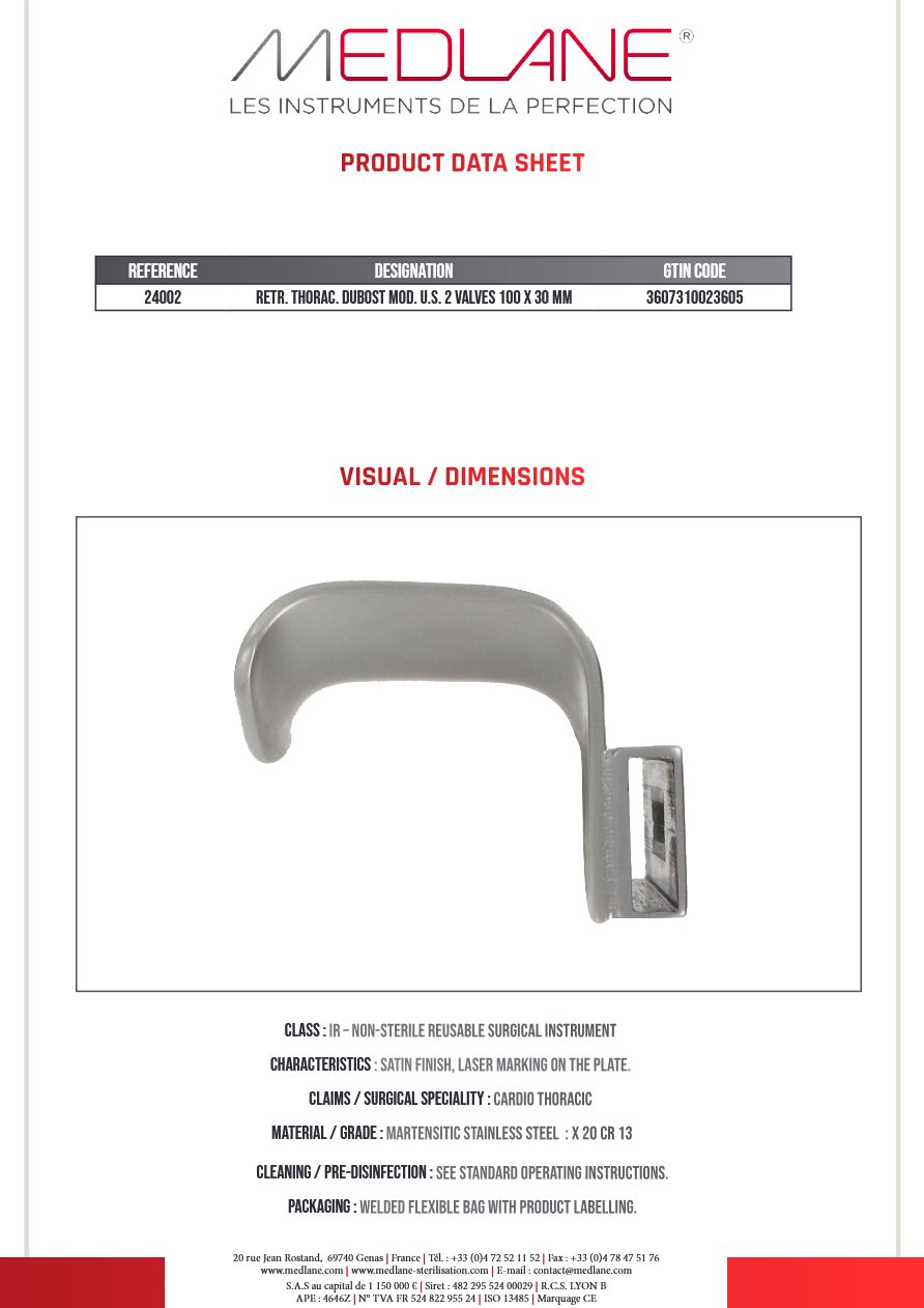 Ecarteur Thoracique Sternal Dubost 2 Valves Seules 100 X 30 mm — REF 24002P