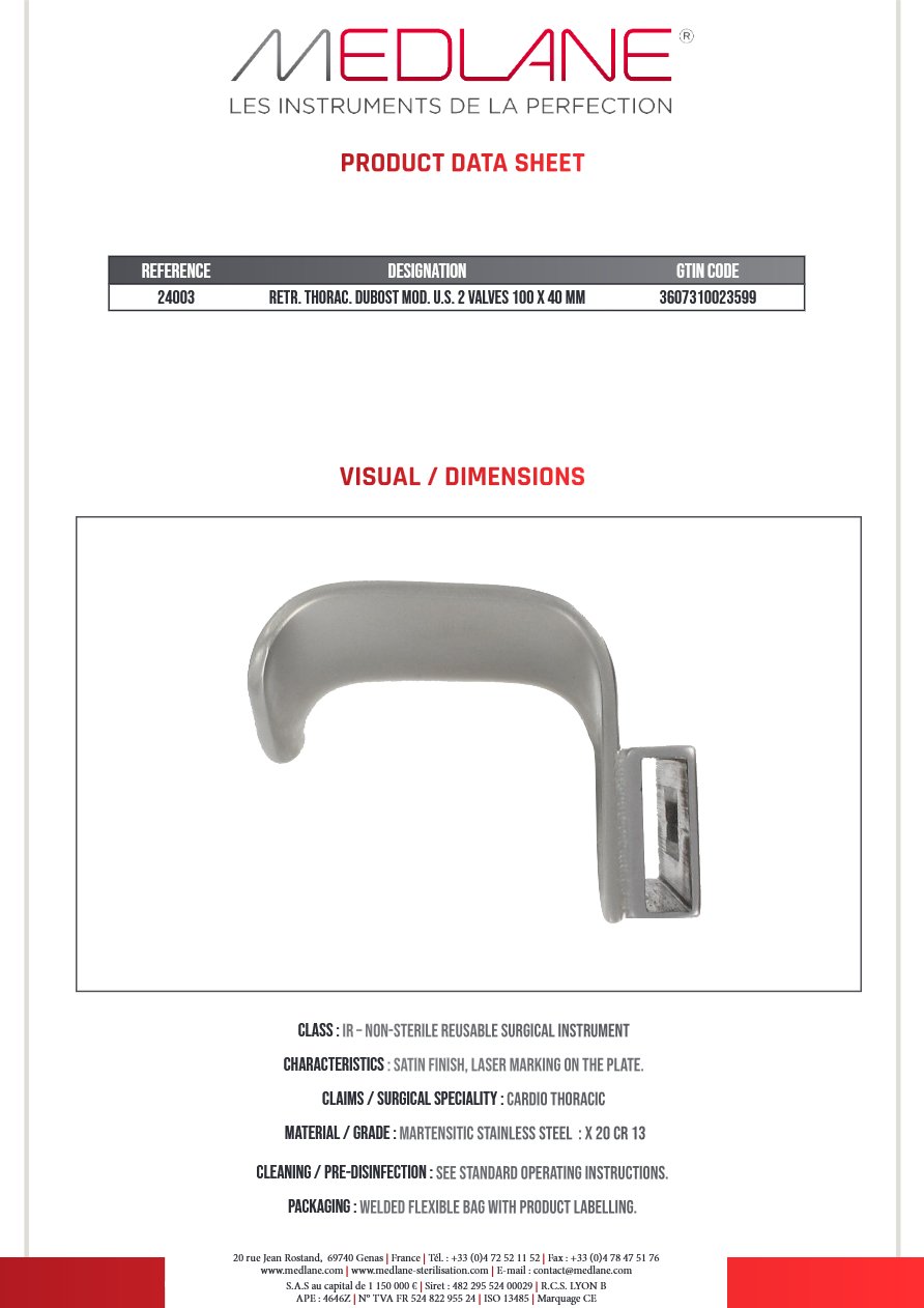 Ecarteur Thoracique Sternal Dubost 2 Valves Seules 100 X 40 mm — REF 24003P