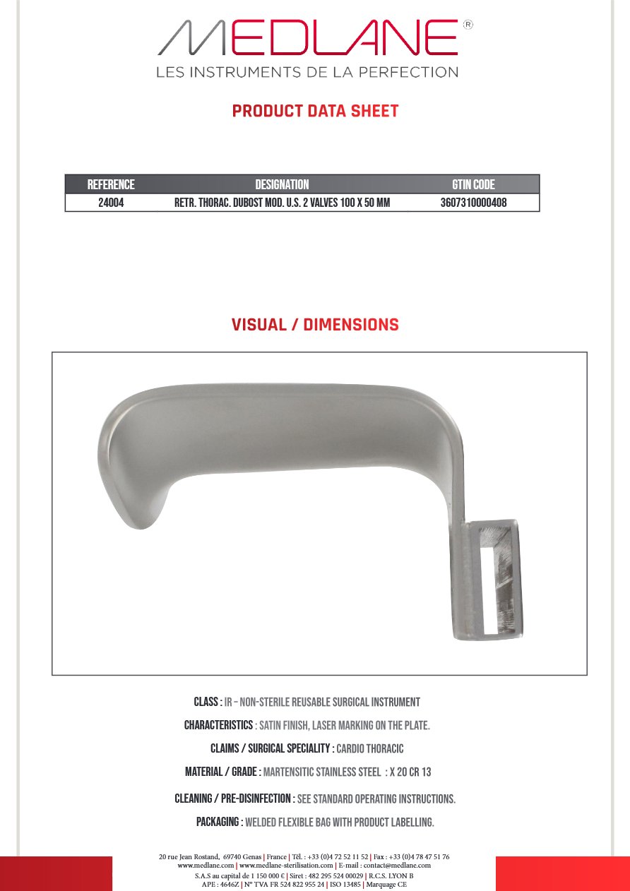 Ecarteur Thoracique Sternal Dubost 2 Valves Seules 100 X 50 mm — REF 24004P