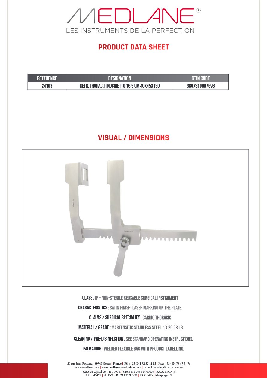 Photo produit MEDLANE : Ecarteur Thoracique Costal Finochietto 165 mm 40X45X130, référence 24103P