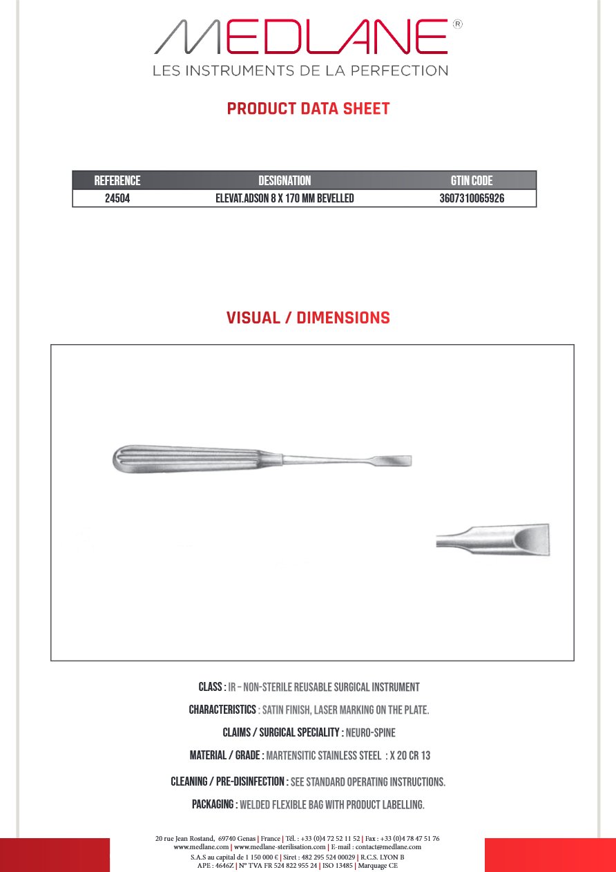 Elevateur Adson Bisaute 170 X 8 mm — REF 24504