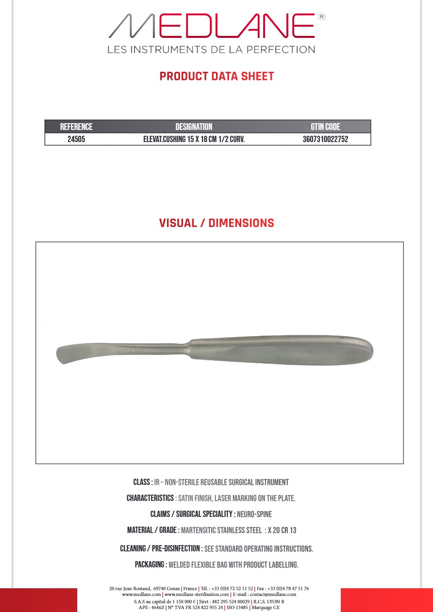 Elevateur Cushing 1/2 Courbes 180 X 15 mm — REF 24505