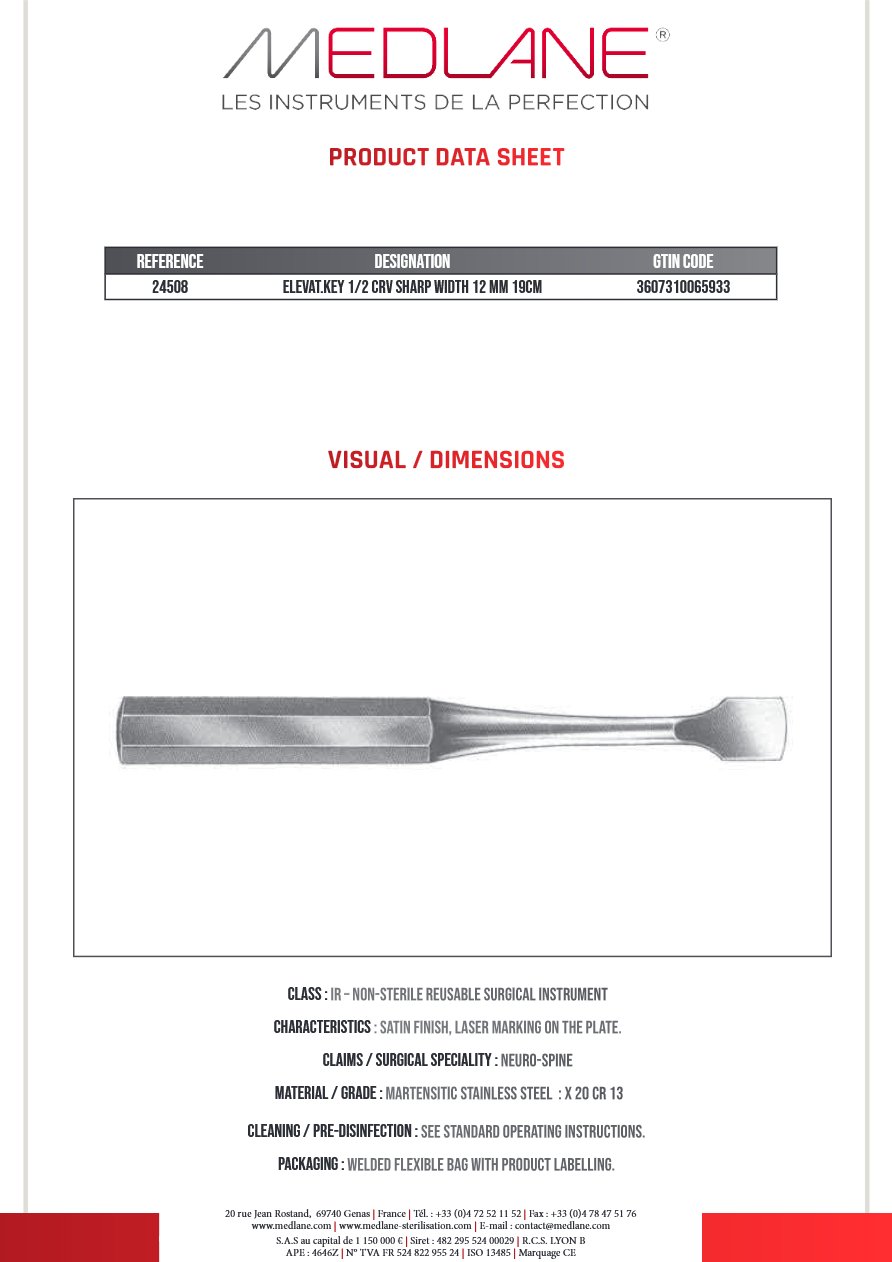 Elevateur Key 1/2 Courbes Trachéal Lrg. 190 X 12 mm — REF 24508