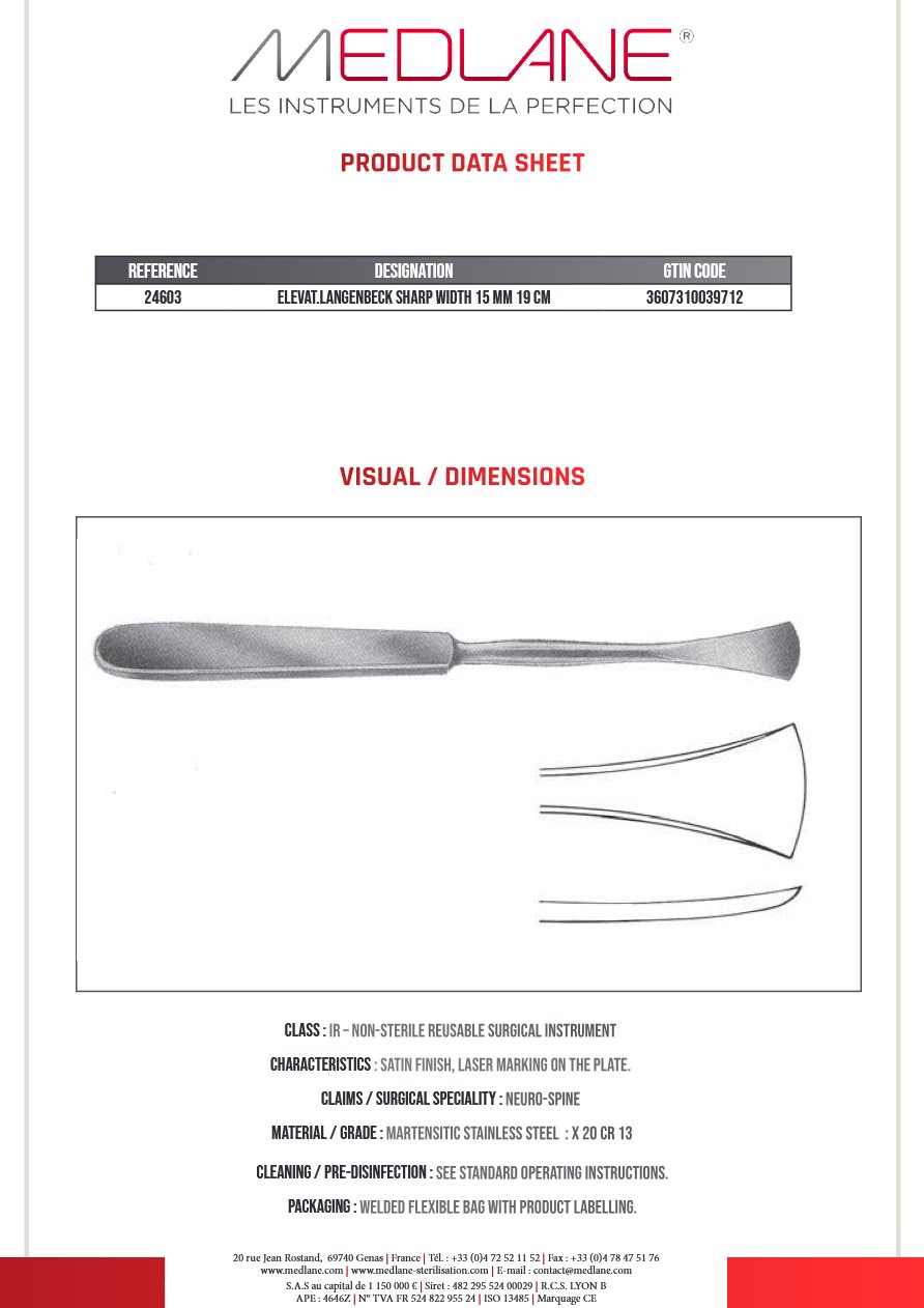 Photo produit MEDLANE : Elevateur Langenbeck Trachéal Larg. 190 X 15 mm, référence 24603