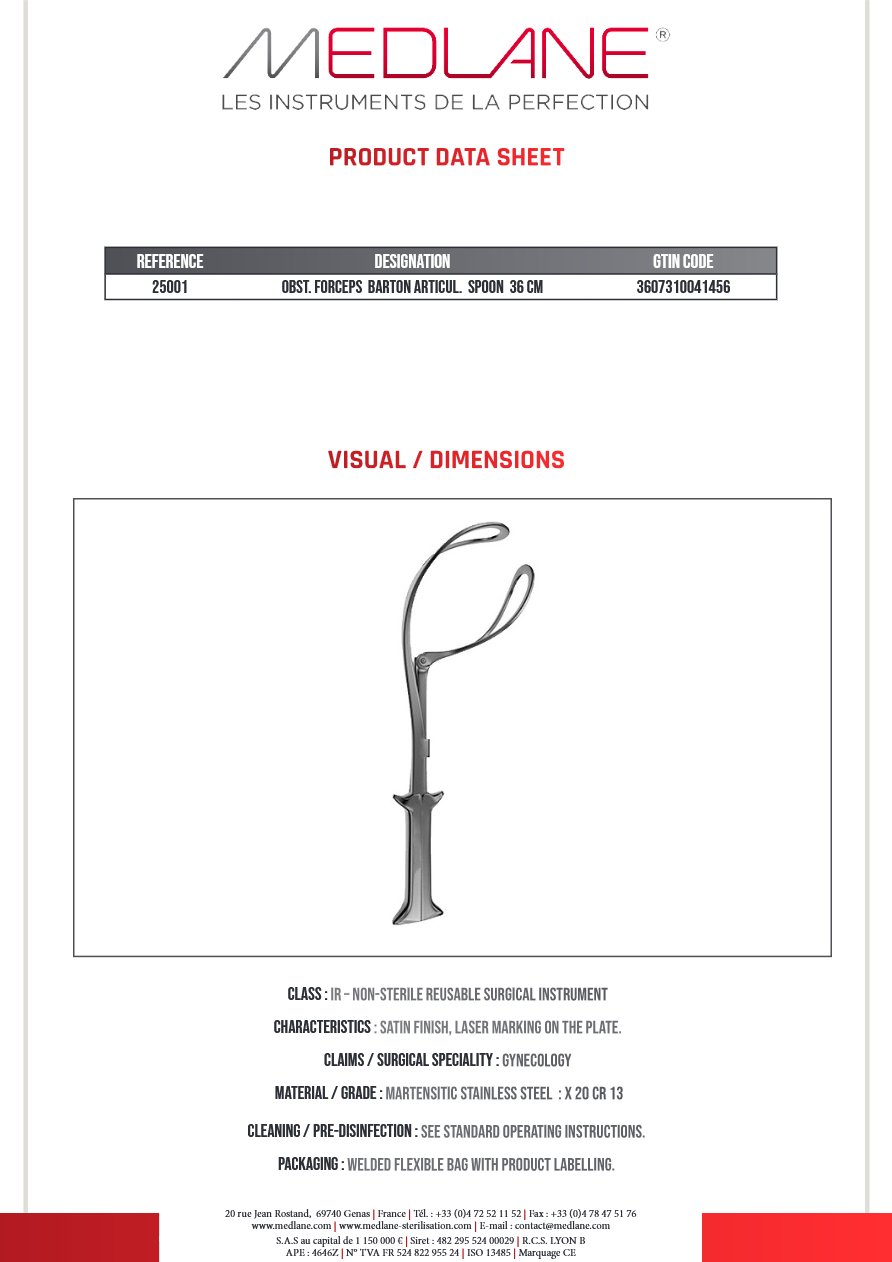 Obstetric forceps Barton Articul. Spoon 36 cm — REF 25001