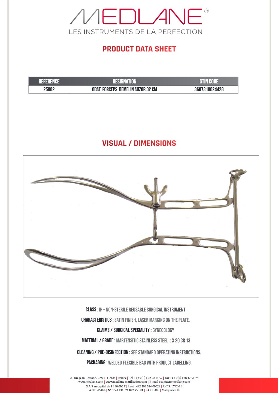 Obstetric forceps Demelin Suzor 32 cm — REF 25002P