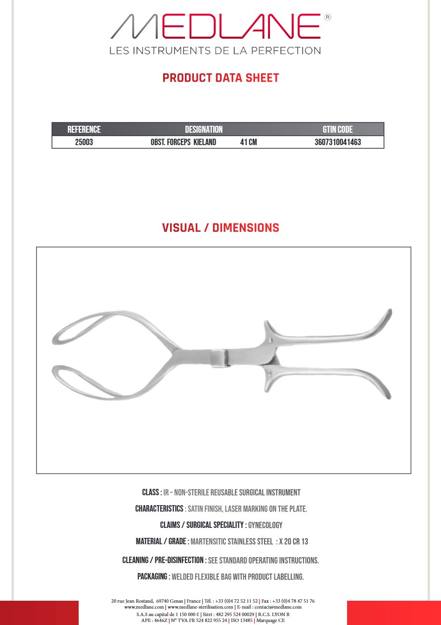 Obstetric forceps Kieland 41 cm — REF 25003