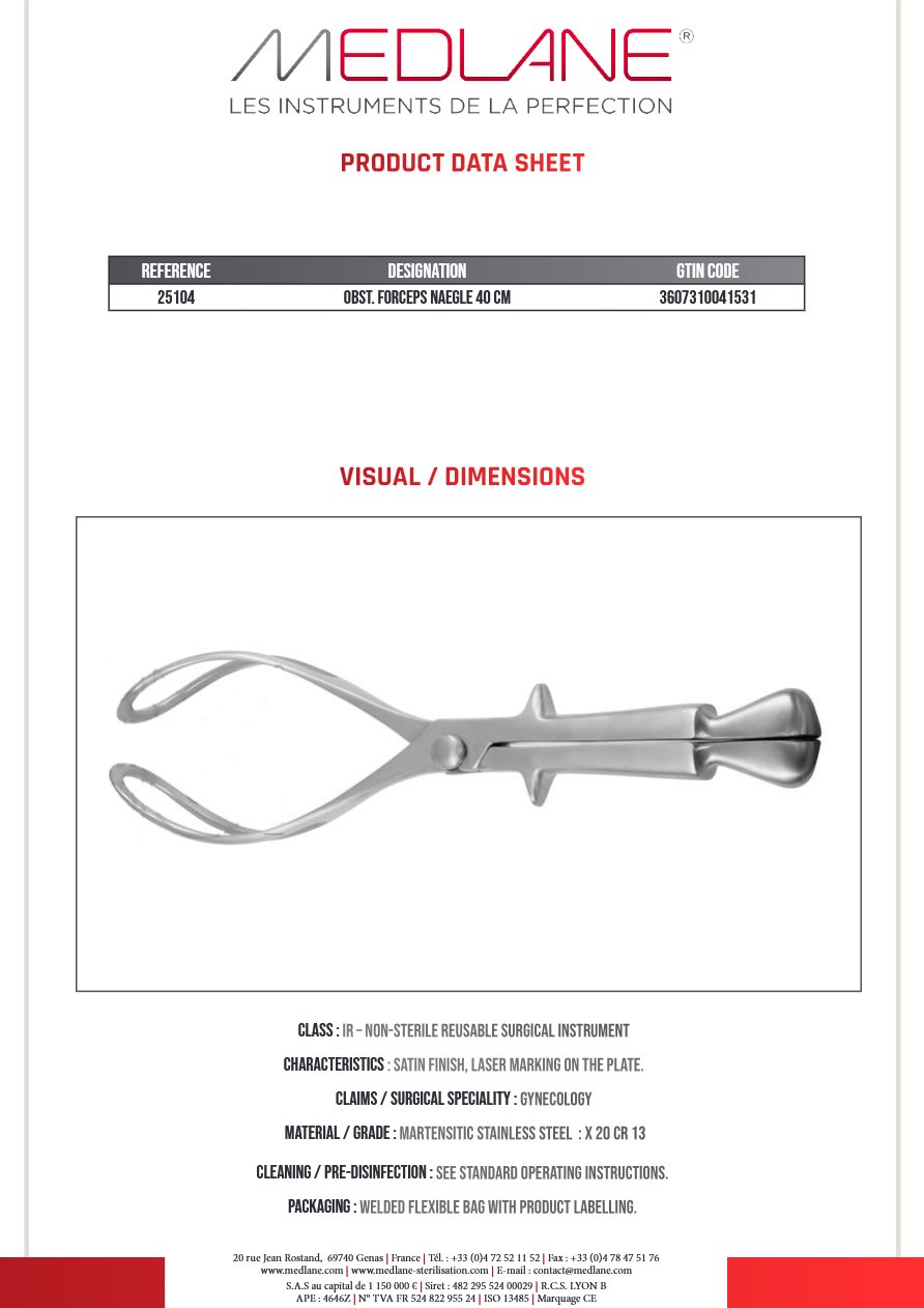 Obstetric forceps Naegle 40 cm — REF 25104