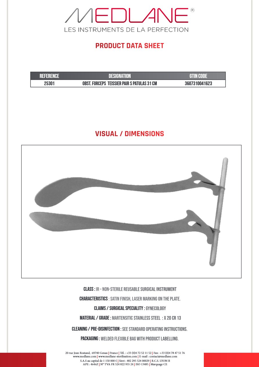 Obstetric forceps Teissier pair S Patulas 31 cm — REF 25301