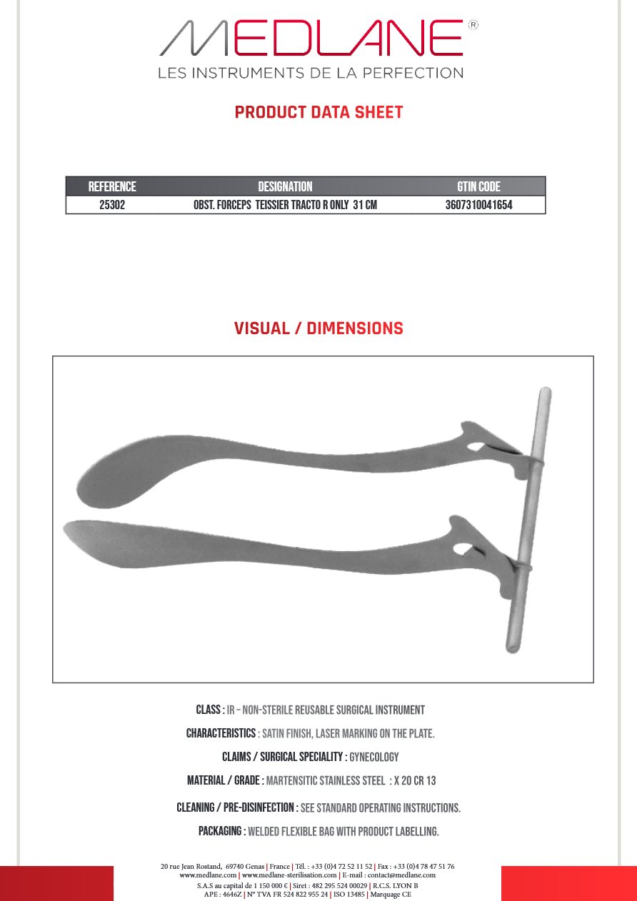 Obstetric forceps Teissier Tracto R only 31 cm — REF 25302