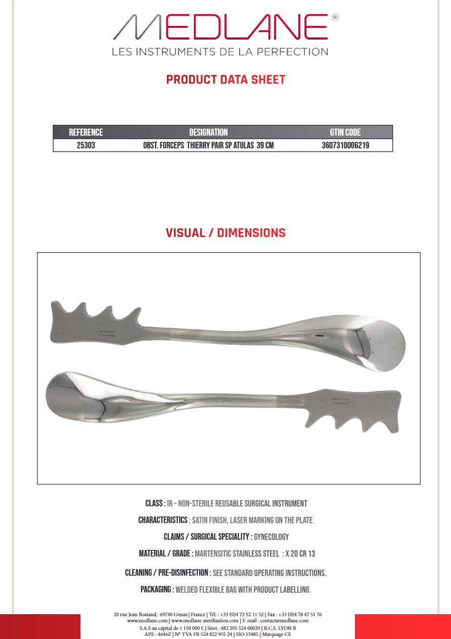 Obstetric forceps Thierry pair spine Atulas 39 cm — REF 25303P