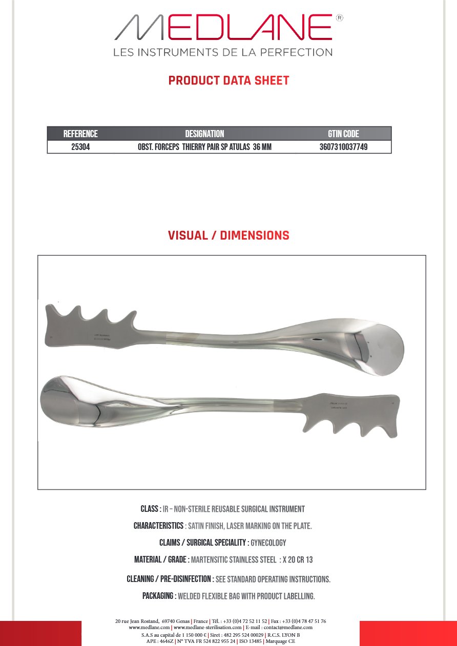 Obstetric forceps Thierry pair spine Atulas 36 mm — REF 25304P