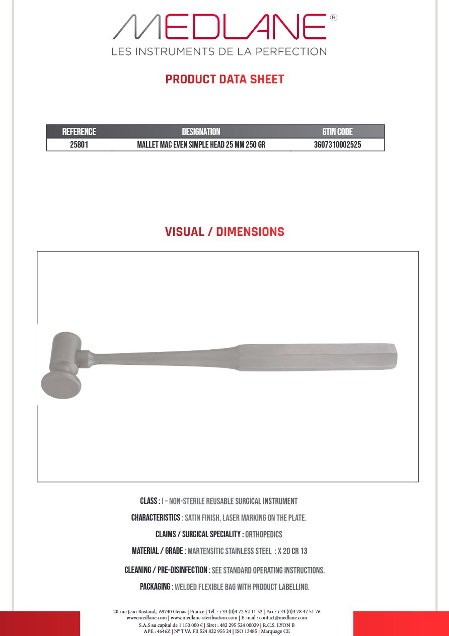 MALLET MAC EVEN SIMPLE HEAD 25 MM 250 Griffes — REF 25801P