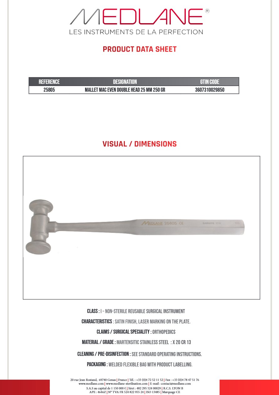 MALLET MAC EVEN DOUBLE HEAD 25 MM 250 Griffes — REF 25805P