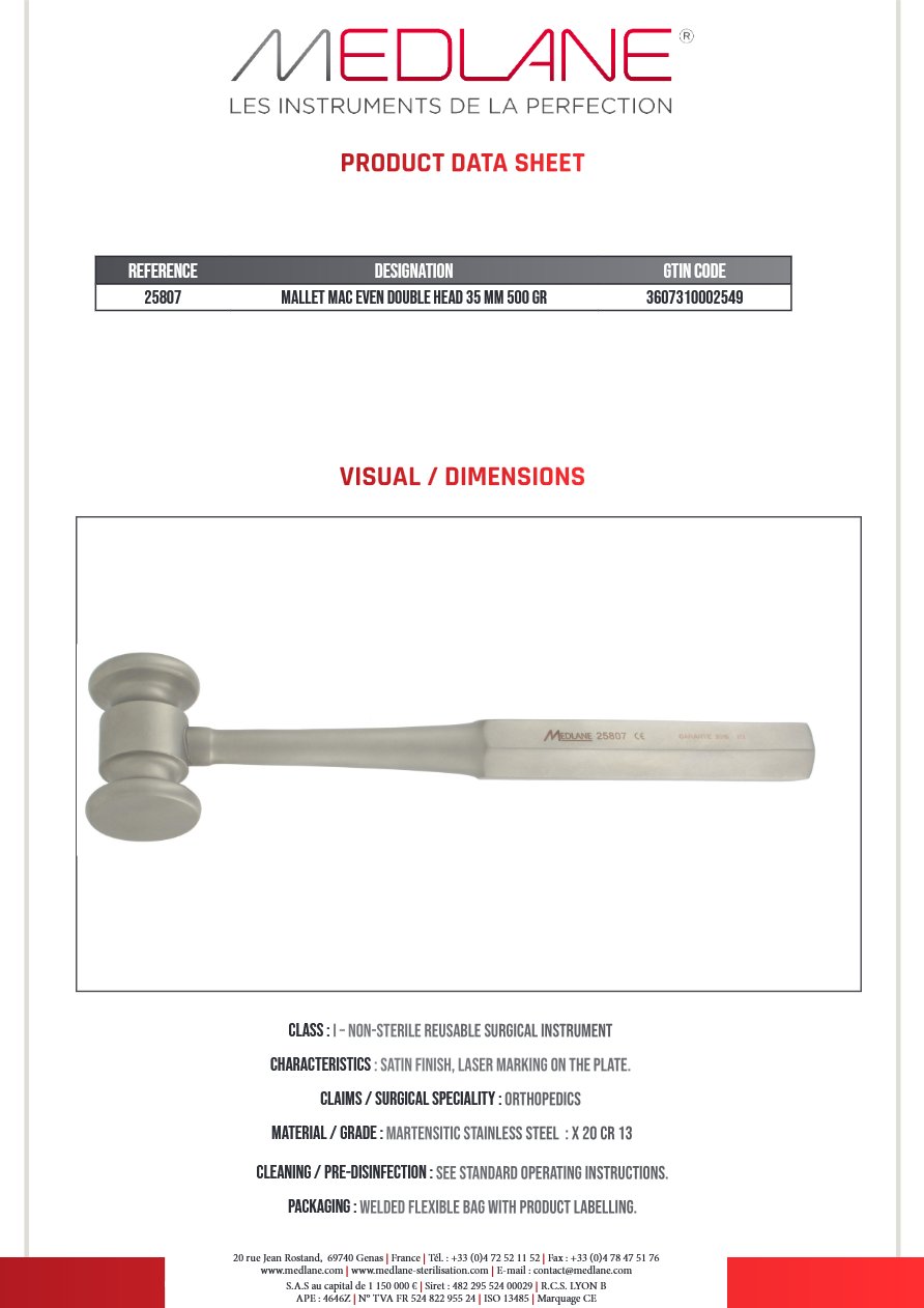 Photo produit MEDLANE : MALLET MAC EVEN DOUBLE HEAD 35 MM 500 Griffes, référence 25807P