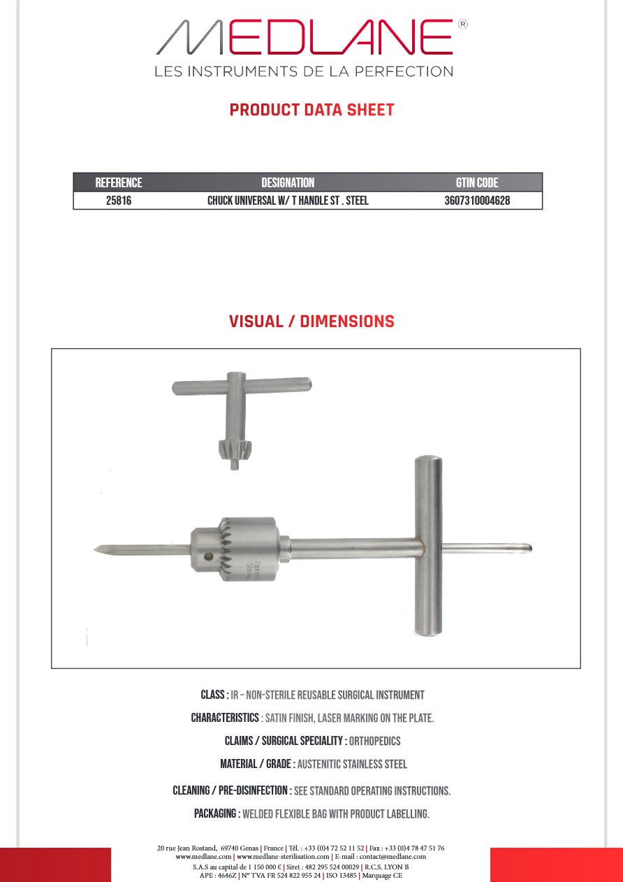 Mandrin Inox Universel Avec Cle Poignee En T Diamètre Maxillaire Broche 5MM — 25816