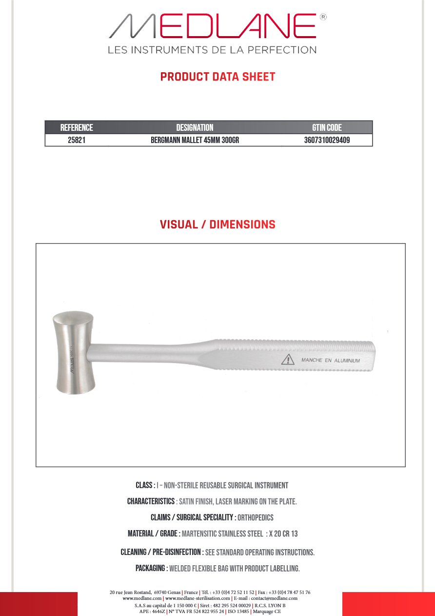 Photo produit MEDLANE : Maillet Bergmann 45 mm 300 Griffes, référence 25821