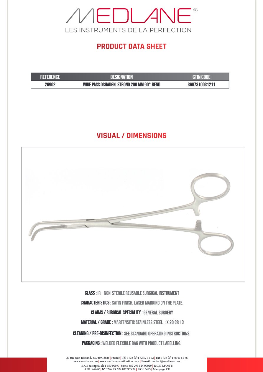 Photo produit MEDLANE : Passe Fils O'Shaugnessy fort 200 mm Coudé 90°, référence 26902P