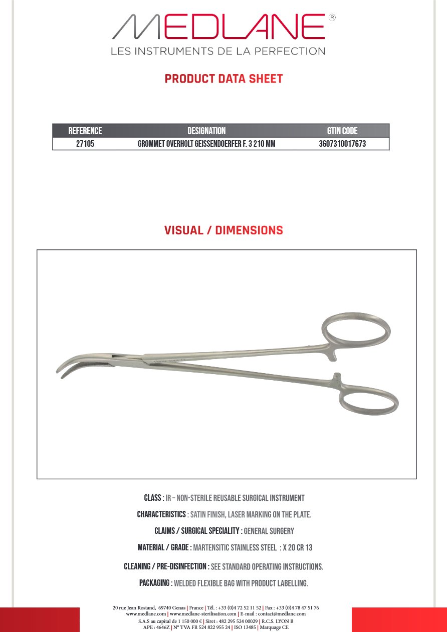 Photo produit MEDLANE : Grommet Overholt Geissendoerfer F. 3 210 Mm, référence 27105