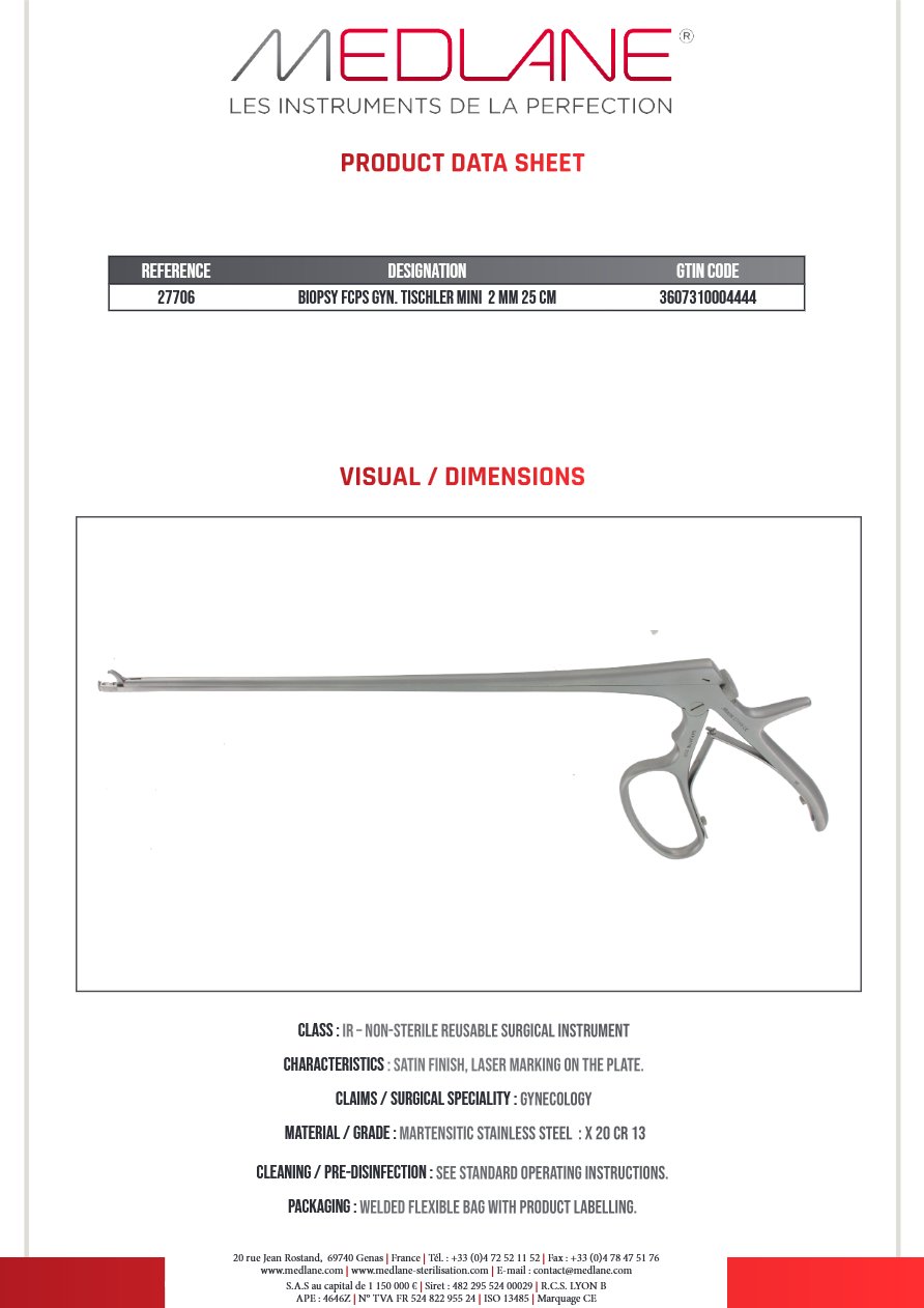 Pince Biopsie Gynécologique Tischler Mini 2MM 250 mm — REF 27706P