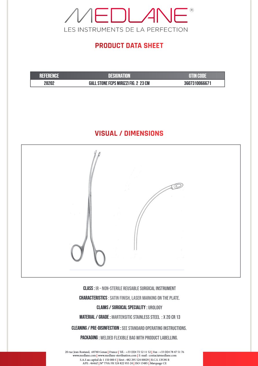 Photo produit MEDLANE : Pince Calculs Mirizzi Figure 2 230 mm, référence 28202P