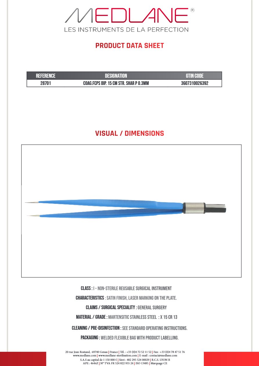 Pince Coagulation bipolaire-bissinger-150 mm Droite Pointu 0.30MM — REF 28701P