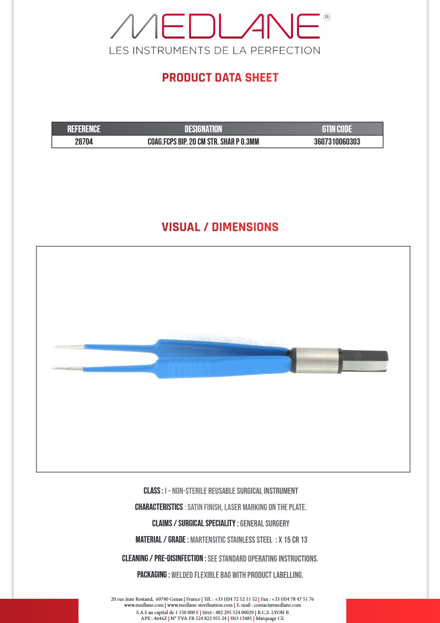 Pince Coagulation bipolaire-bissinger-200 mm Droite Pointu 0.30MM — REF 28704P