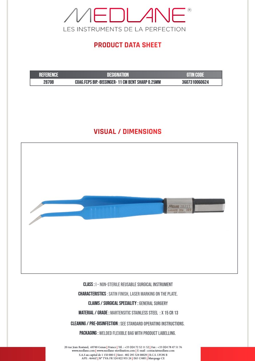 Pince Coagulation bipolaire-bissinger-110 mm Coudee Pointu 0.25MM — REF 28708P