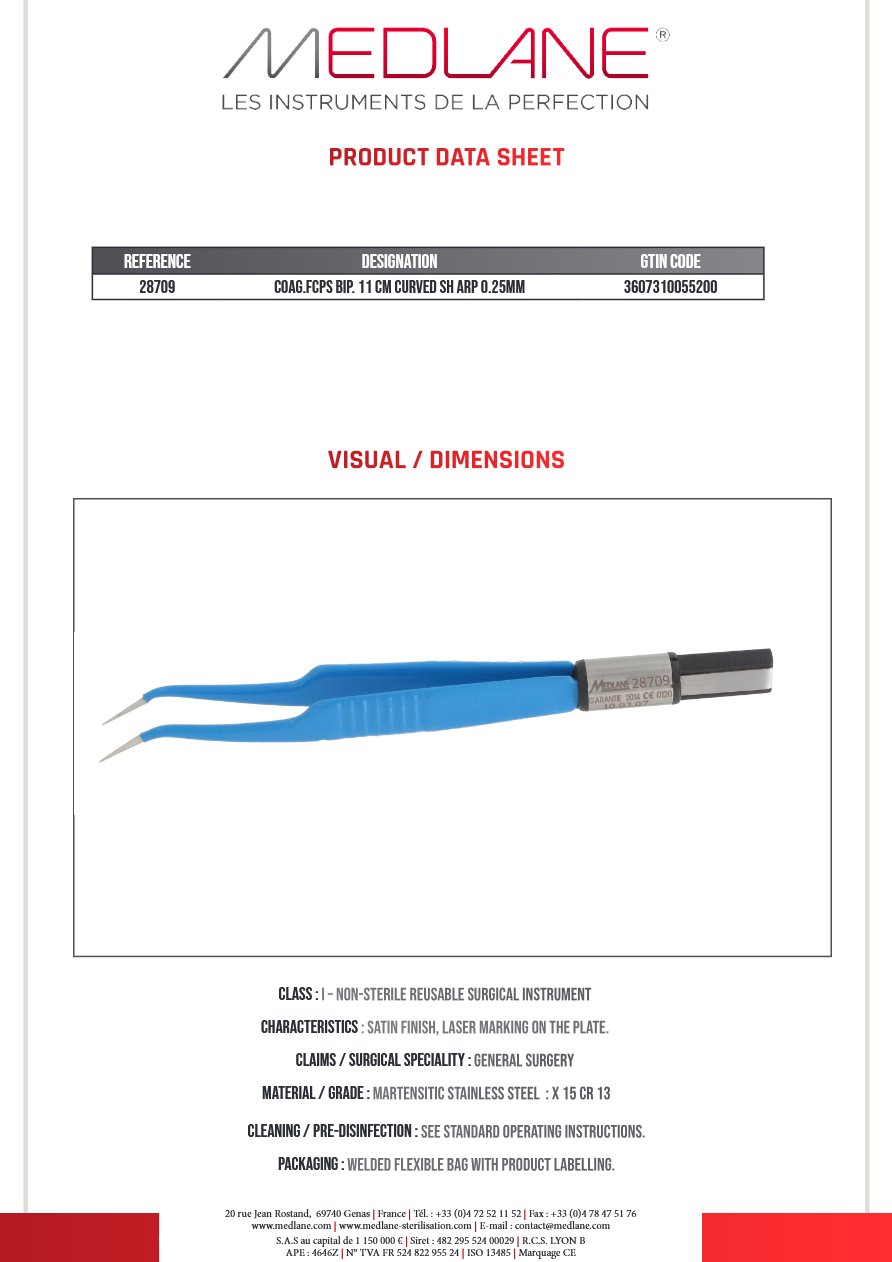 Photo produit MEDLANE : Pince Coagulation bipolaire-bissinger-110 mm Courbe Pointu 0.25MM, référence 28709P