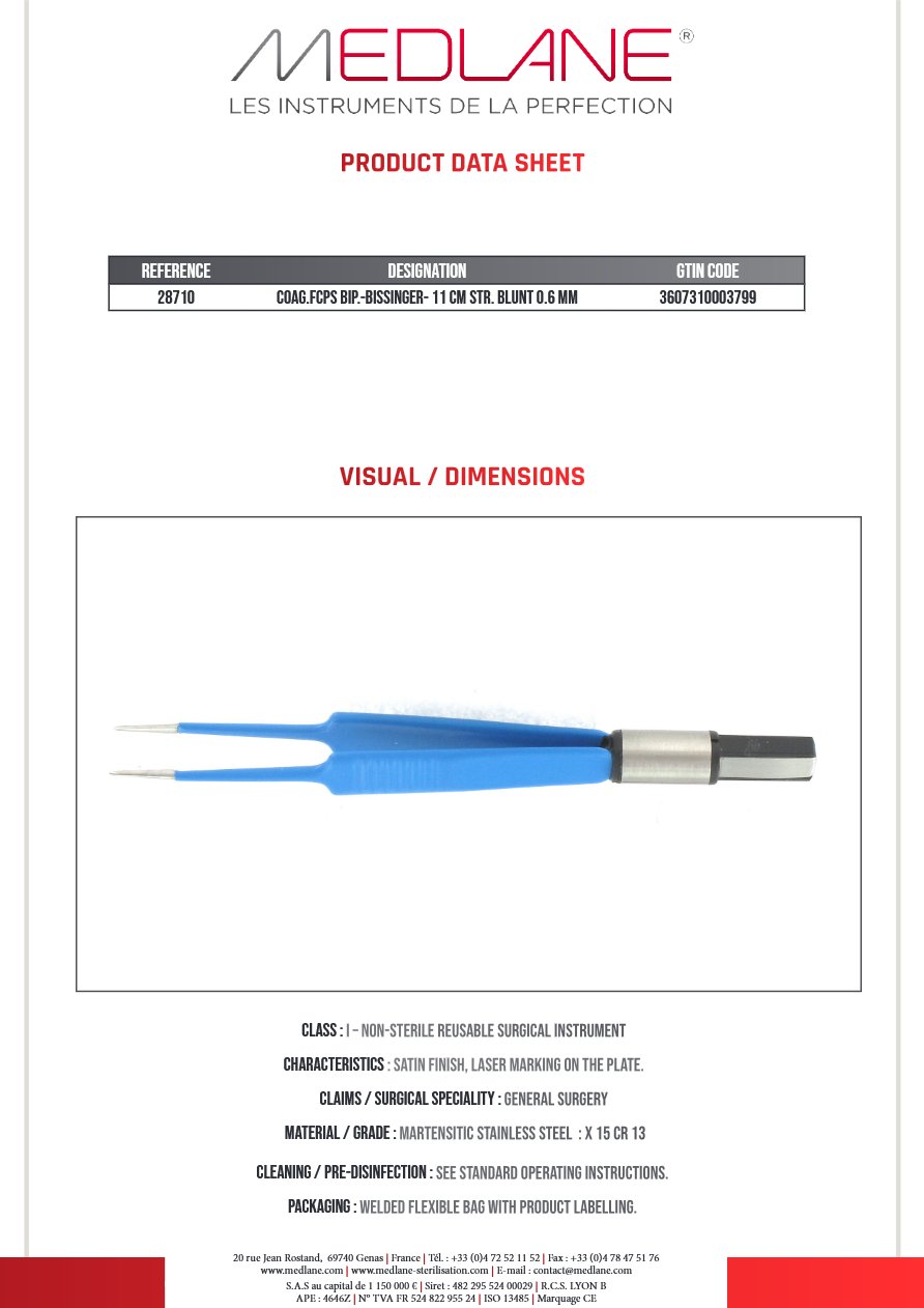Pince Coagulation bipolaire-bissinger-110 mm Droite Mousse 0.6 mm — REF 28710P