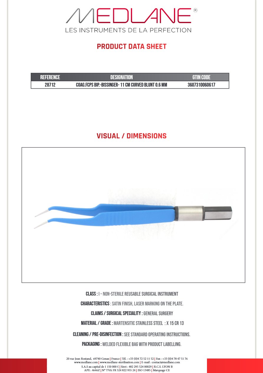 Pince Coagulation bipolaire-bissinger-110 mm Courbe Mousse 0.6 mm — REF 28712P