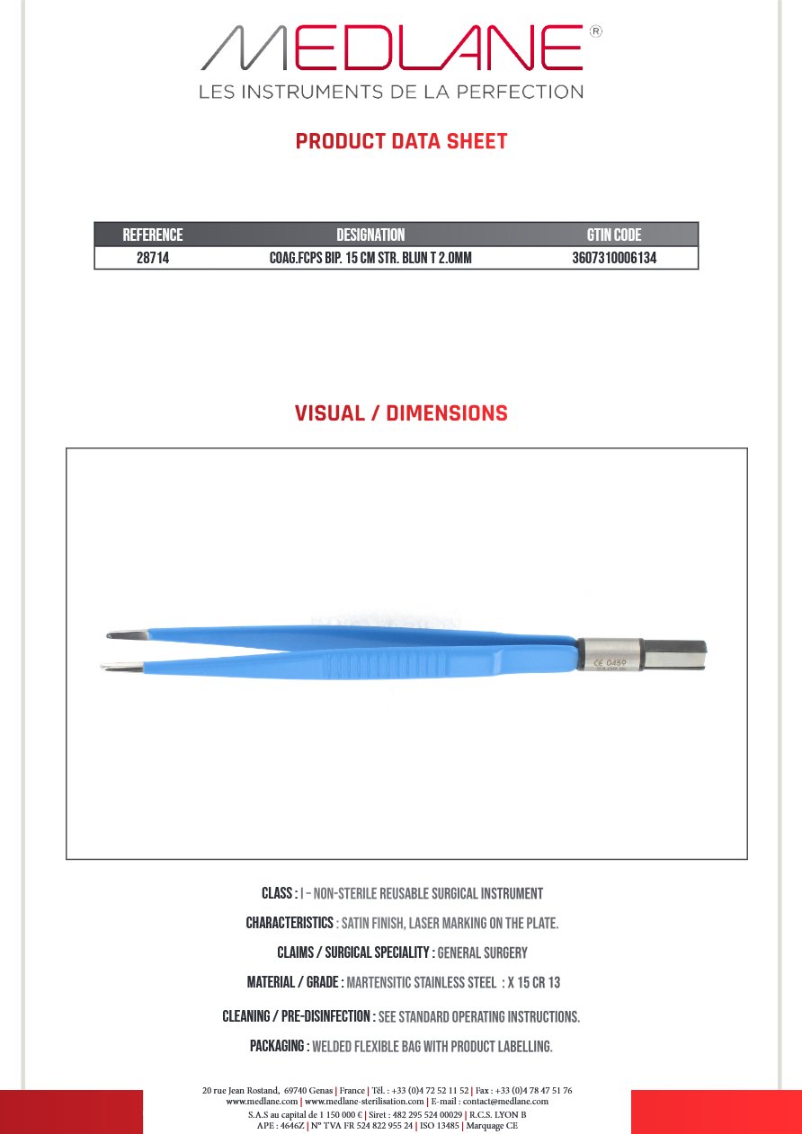 Pince Coagulation bipolaire-bissinger-150 mm Droite Mousse 2.0MM — REF 28714P