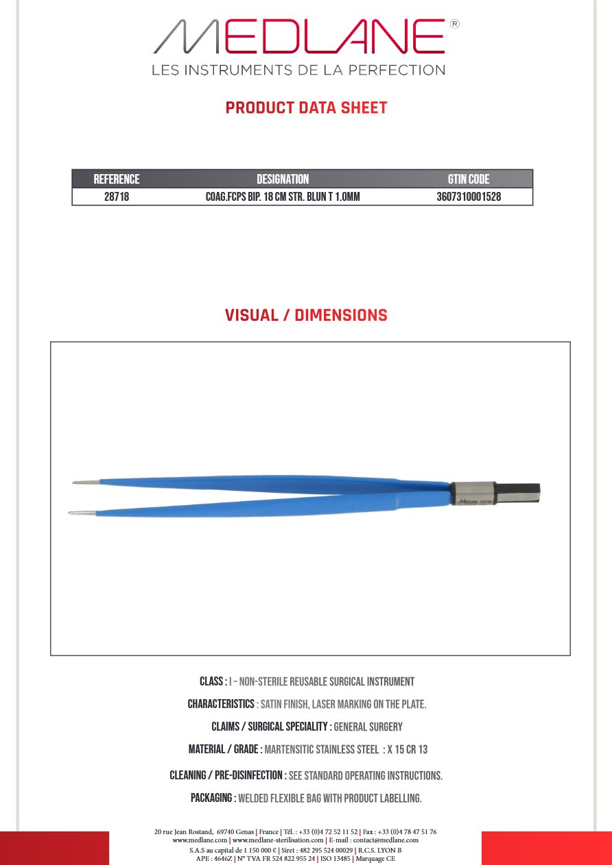 Pince Coagulation bipolaire-bissinger-180 mm Droite Mousse 1.0MM — REF 28718P