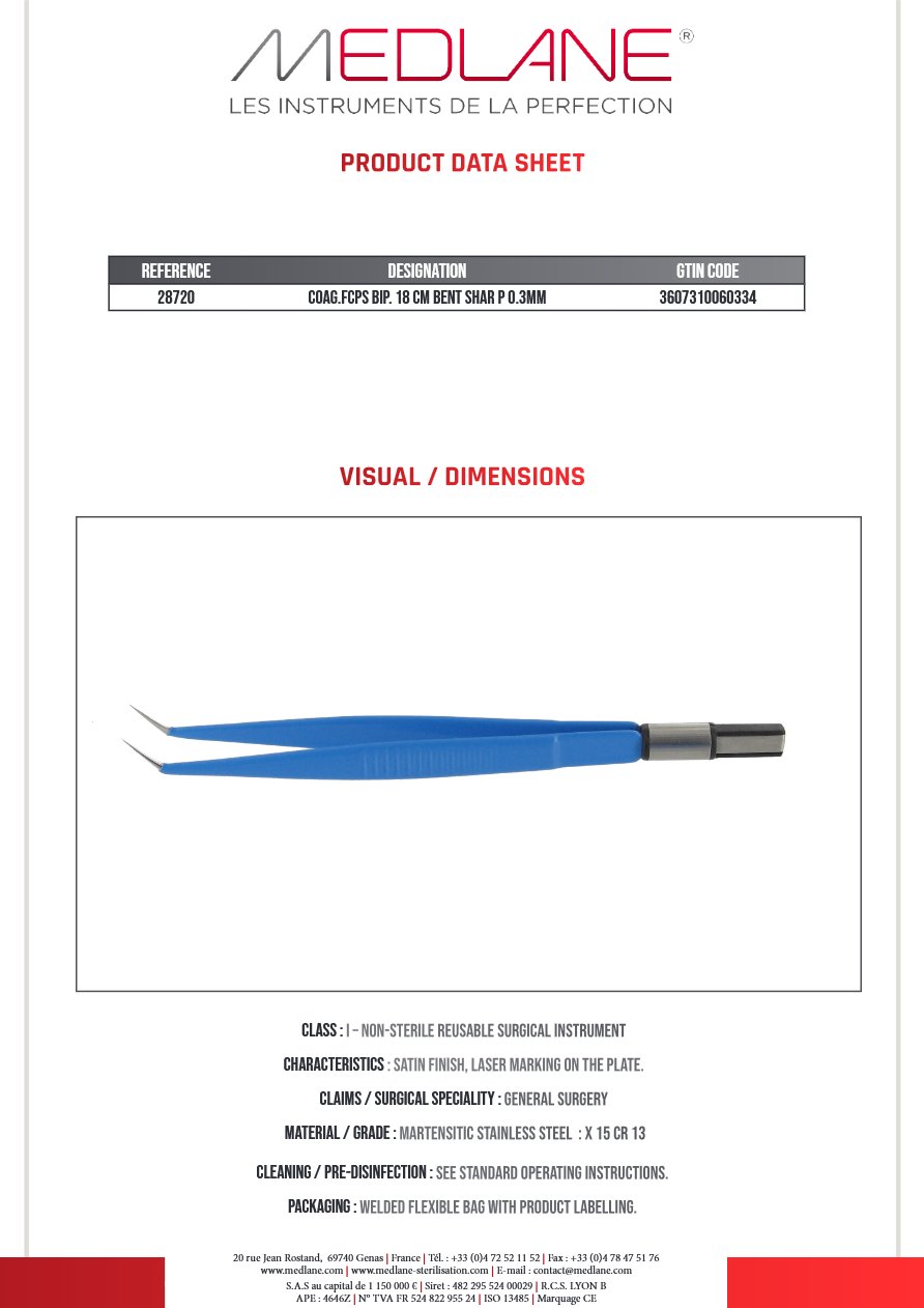 Pince Coagulation bipolaire-bissinger-180 mm Coudee Pointu 0.3MM — REF 28720P