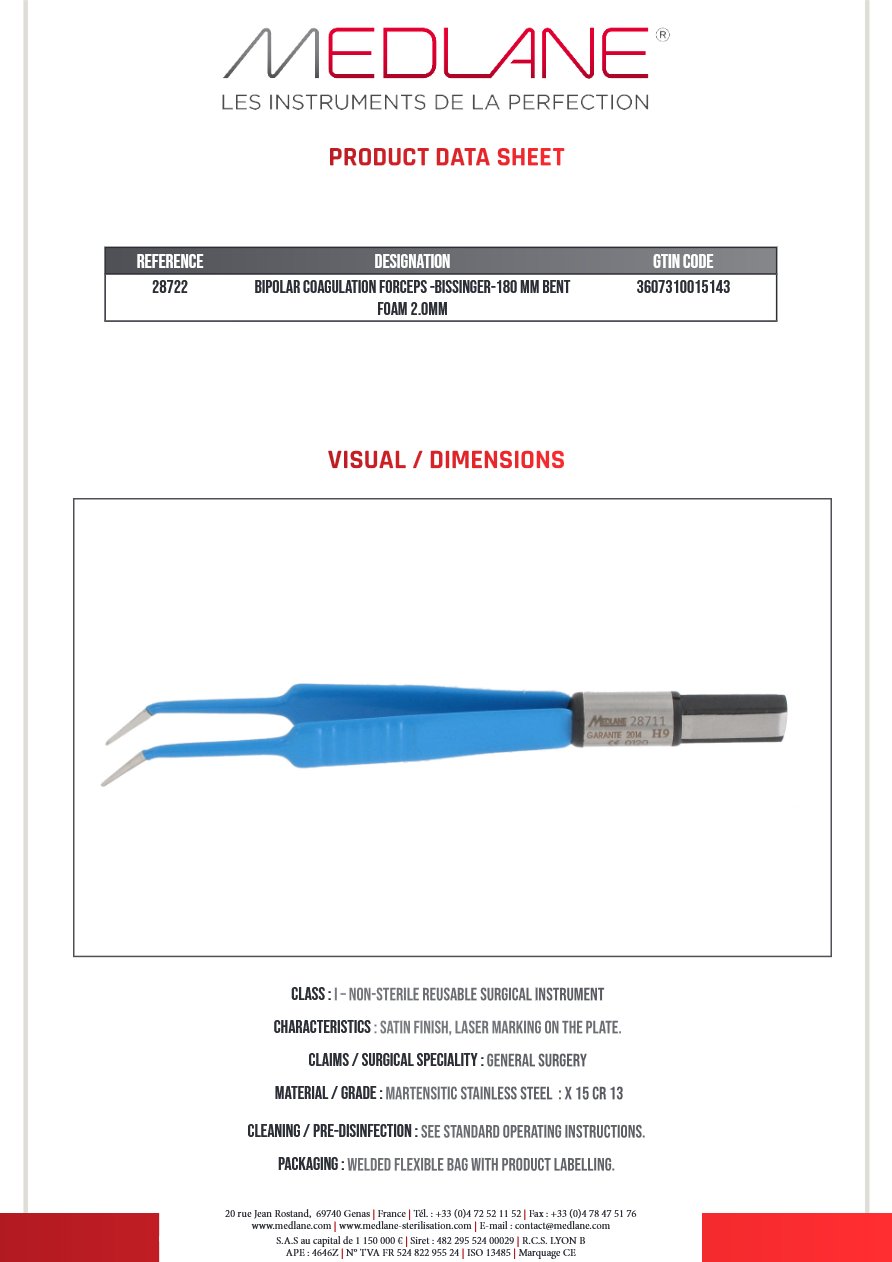Pince Coagulation bipolaire-bissinger-180 mm Coudee Mousse 2.0MM — REF 28722P