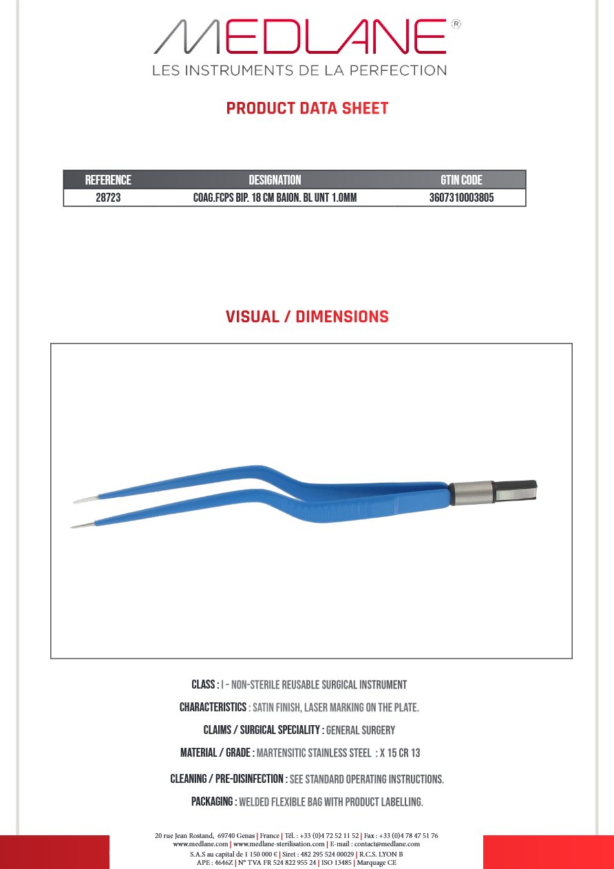 Pince Coagulation bipolaire-bissinger-180 mm Baïonnette Mousse 1.0MM — REF 28723P