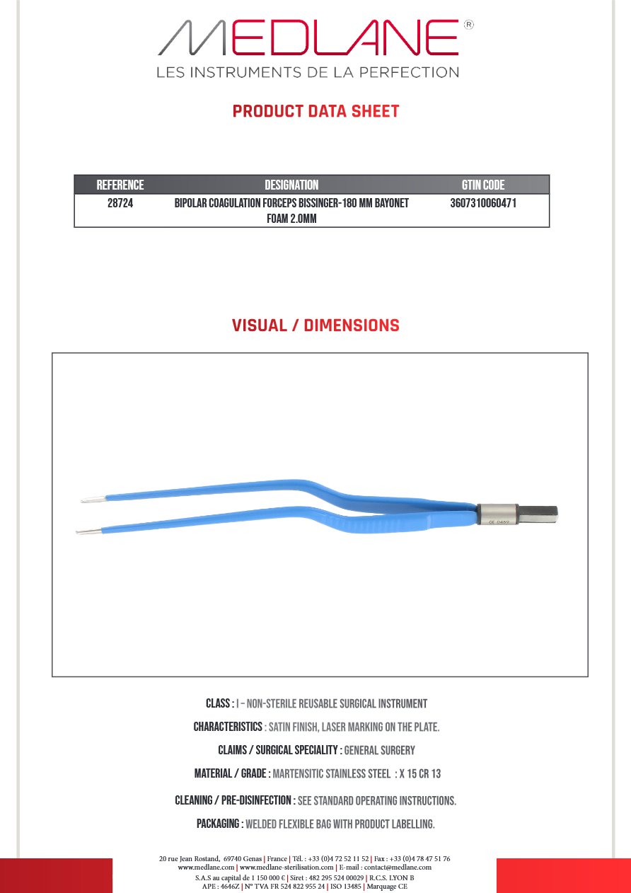 Pince Coagulation bipolaire-bissinger-180 mm Baïonnette Mousse 2.0MM — REF 28724P