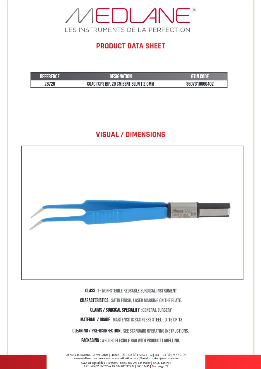Pince Coagulation bipolaire-bissinger-200 mm Coudee Mousse 2.0MM — REF 28728P