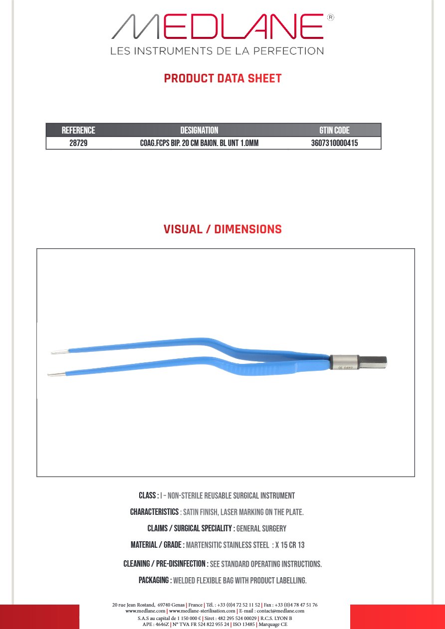 Pince Coagulation bipolaire-bissinger-200 mm Baïonnette Mousse 1.0MM — REF 28729P