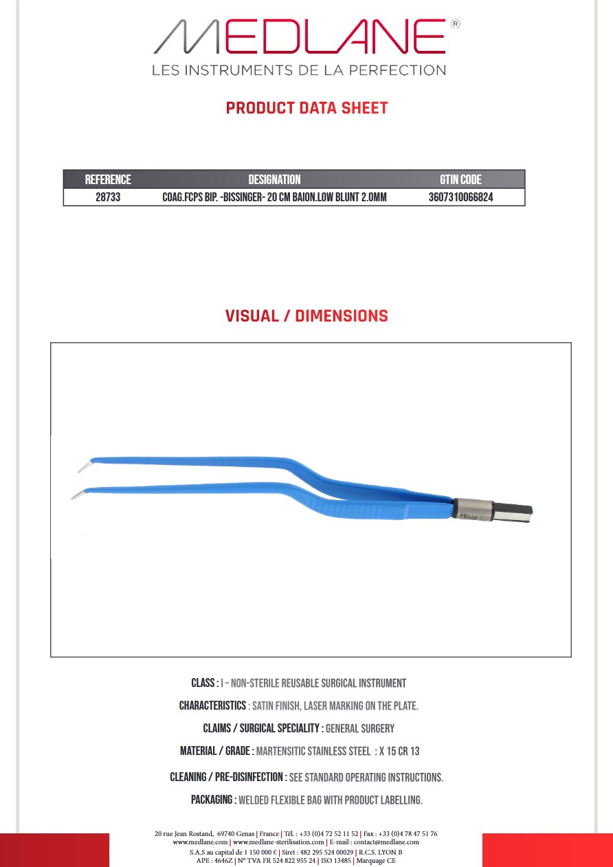 Pince Coagulation bipolaire-bissinger-200 mm Baïonnette bas Mousse 2.0MM — REF 28733P