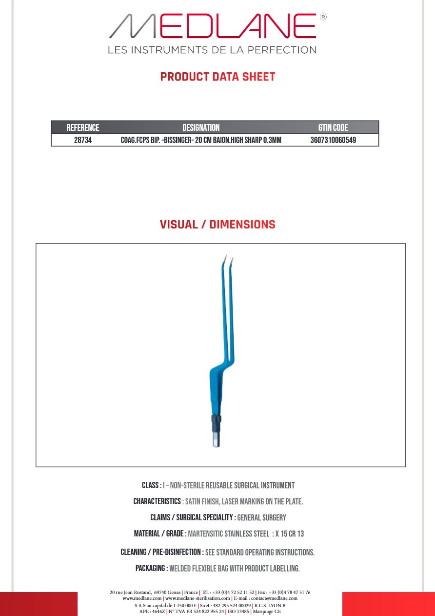 Pince Coagulation bipolaire-bissinger-200 mm Baïonnette haut Pointu 0.3MM — REF 28734P