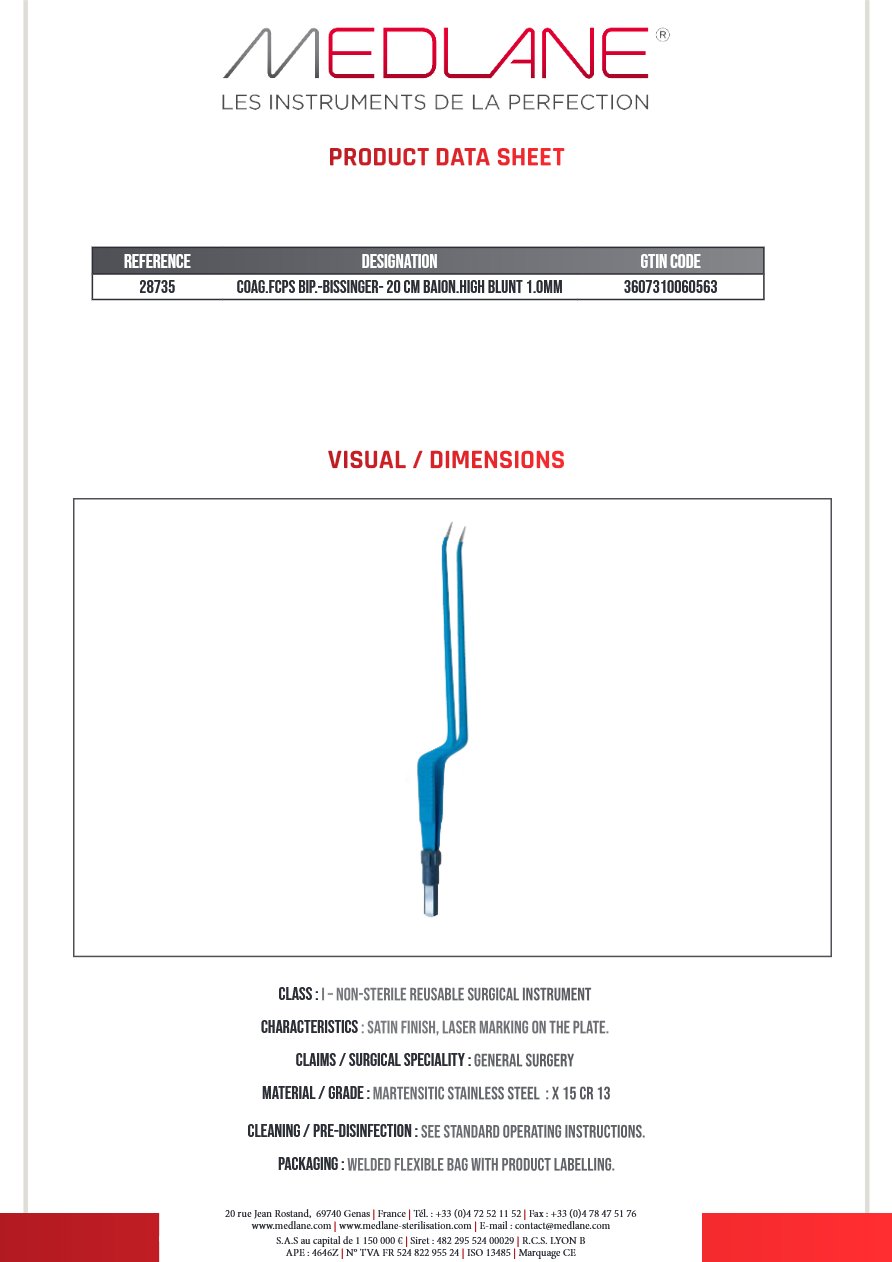 Pince Coagulation bipolaire-bissinger-200 mm Baïonnette haut Mousse 1.0MM — REF 28735P