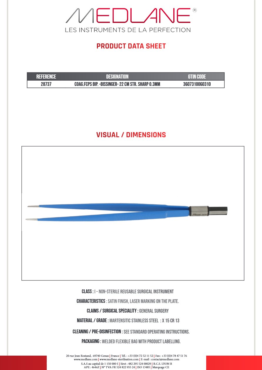 Pince Coagulation bipolaire-bissinger-220 mm Droite Pointu 0.3MM — REF 28737P