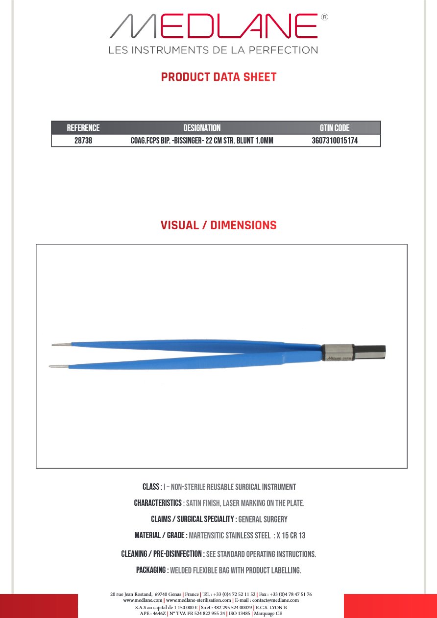 Pince Coagulation bipolaire-bissinger-220 mm Droite Mousse 1.0MM — REF 28738P