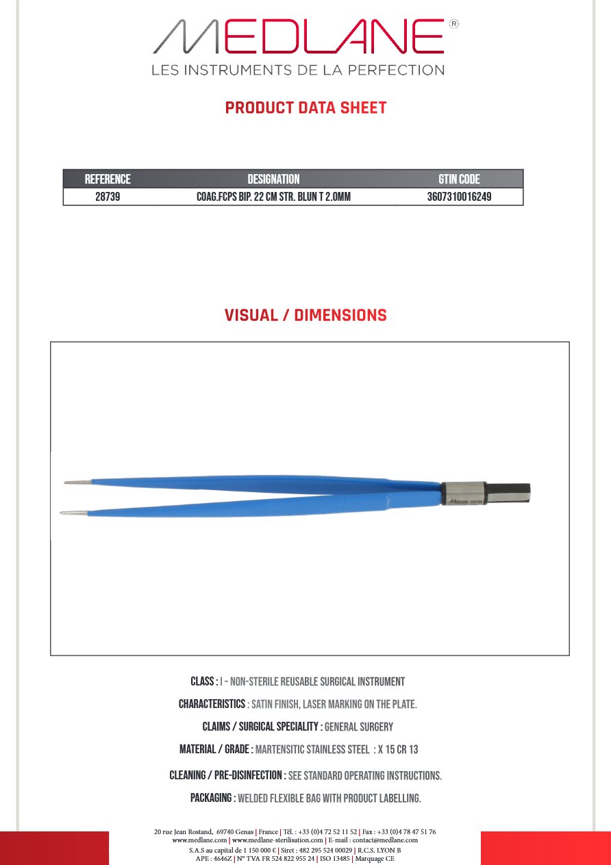 Pince Coagulation bipolaire-bissinger-220 mm Droite Mousse 2.0MM — REF 28739P