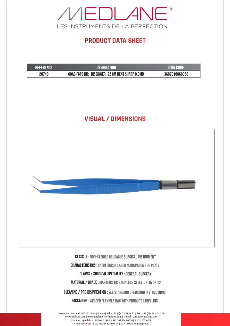 Pince Coagulation bipolaire-bissinger-220 mm Coudee Pointu 0.3MM — REF 28740P