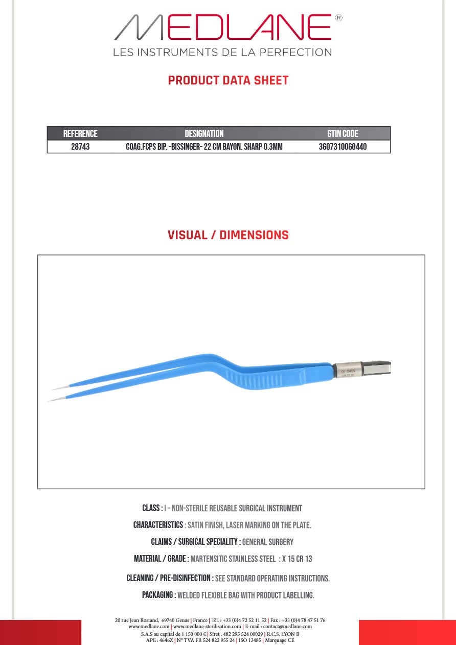 Pince Coagulation bipolaire-bissinger-220 mm Baïonnette Pointu 0.3MM — REF 28743P
